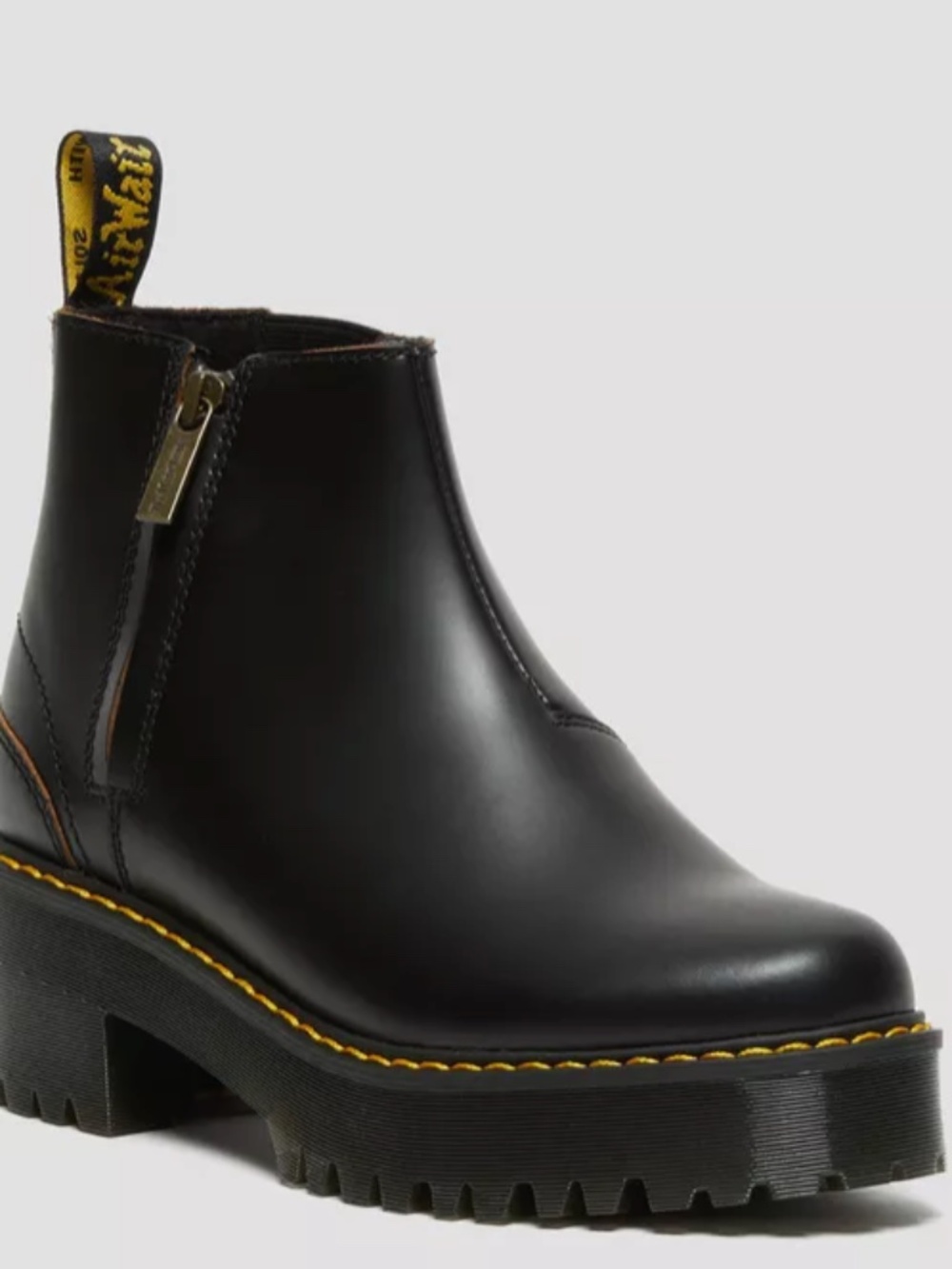 Black Leather Platform Chelsea Boot with Yellow Stitching